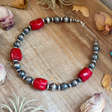 Load image into Gallery viewer, Dyed Red Coral Barrel &amp; Sterling Silver Pearl Necklace