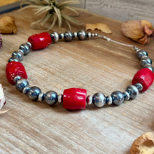 Load image into Gallery viewer, Dyed Red Coral Barrel &amp; Sterling Silver Pearl Necklace