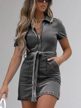 Load image into Gallery viewer, PREORDER: Fia Full Size Zip Front Short Sleeve Denim Dress Plus Size