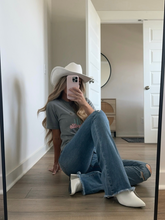 Load image into Gallery viewer, Sarah Distressed Medium Wash Flares