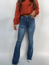 Load image into Gallery viewer, Sarah Distressed Medium Wash Flares
