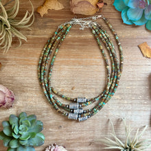 Load image into Gallery viewer, Green Turquoise Heishi &amp; Sterling Silver Barrel Bead Necklace