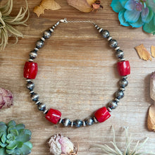 Load image into Gallery viewer, Dyed Red Coral Barrel &amp; Sterling Silver Pearl Necklace