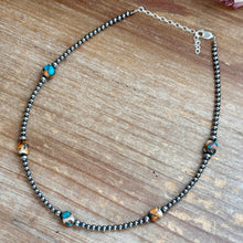Load image into Gallery viewer, Kids necklace - 13” Turquoise &amp; Spiny Oyster Necklace – 3–4mm Sterling Silver Pearls