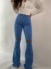Load image into Gallery viewer, Farrah Distressed High Waisted Flares - Baby Blue