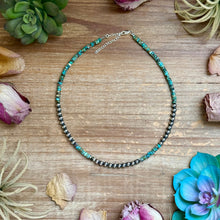 Load image into Gallery viewer, 15” Heishi Turquoise Necklace – 4mm Turquoise &amp; 5mm Sterling Silver Pearls