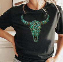 Load image into Gallery viewer, Turquoise Bull Skull Western Graphic Shirt