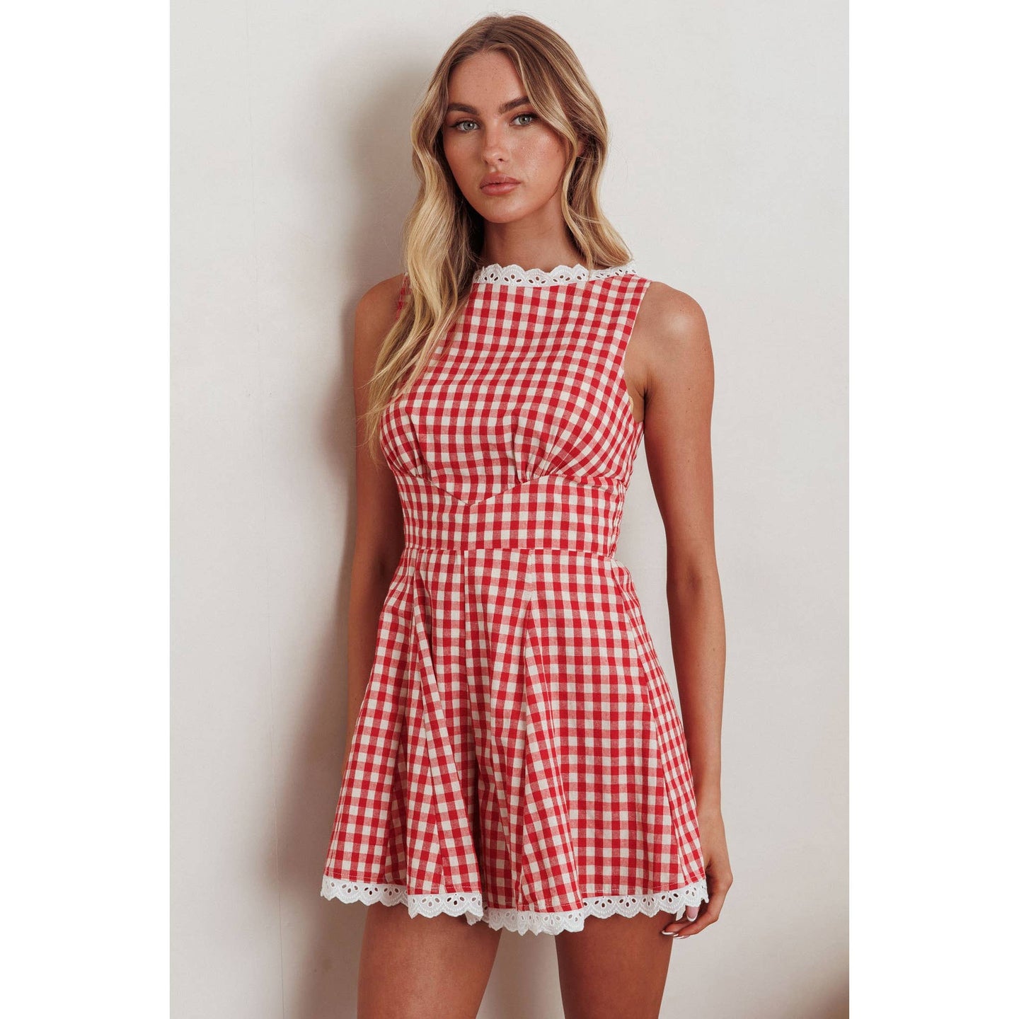 HIGH NECKLINE GINGHAM ROMPER