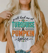 Load image into Gallery viewer, Turquoise &amp; Pumpkin Spice Fall Graphic Tee