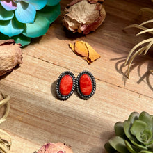 Load image into Gallery viewer, MJ Red Spiny Oyster Stud Earrings with Twisted Rope Border