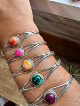 Load image into Gallery viewer, Multistone Cuff Bracelet – Malachite, Spiny Oyster, or Pink Opal – Sterling Silver - pick yours
