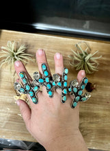 Load image into Gallery viewer, Blue Turquoise Cactus Ring with flower - Adjustable - Brass silver