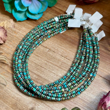 Load image into Gallery viewer, 14” Turquoise Heishi &amp; Sterling Silver Saucer Necklace – The Bijoux FAB