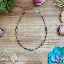 Load image into Gallery viewer, Kids necklace - 13” Turquoise &amp; Spiny Oyster Necklace – 3–4mm Sterling Silver Pearls