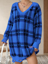 Load image into Gallery viewer, PREORDER: Lydia Distressed Plaid V-Neck Long Sleeve Sweater Dress