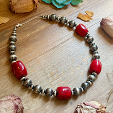 Load image into Gallery viewer, Dyed Red Coral Barrel &amp; Sterling Silver Pearl Necklace
