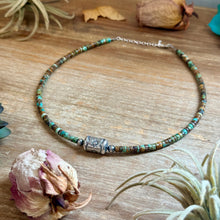 Load image into Gallery viewer, Green Turquoise Heishi &amp; Sterling Silver Barrel Bead Necklace