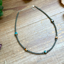 Load image into Gallery viewer, Kids necklace - 13” Turquoise &amp; Spiny Oyster Necklace – 3–4mm Sterling Silver Pearls