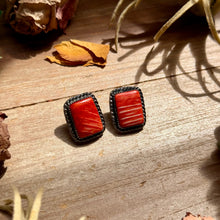 Load image into Gallery viewer, MJ Red-Orange Spiny Oyster Rectangle Stud Earrings with Twisted Wire
