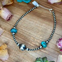 Load image into Gallery viewer, 15” Turquoise Rondelle Necklace – Sterling Silver Pearls