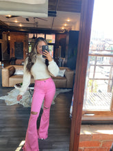 Load image into Gallery viewer, Farrah Distressed High Waisted Flares- Pink