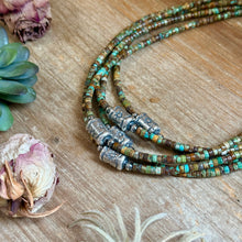 Load image into Gallery viewer, Green Turquoise Heishi &amp; Sterling Silver Barrel Bead Necklace