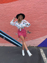 Load image into Gallery viewer, Nashville Babe Rhinestone Fringe Mini Skirt- Pink