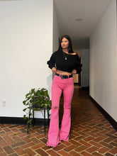 Load image into Gallery viewer, Farrah Distressed High Waisted Flares- Pink