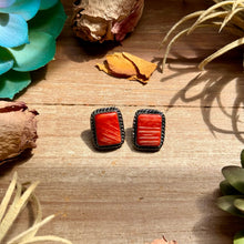 Load image into Gallery viewer, MJ Red-Orange Spiny Oyster Rectangle Stud Earrings with Twisted Wire