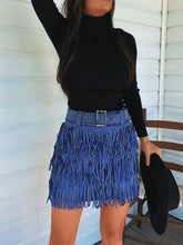Load image into Gallery viewer, Nashville Babe Rhinestone Fringe Mini Skirt- Royal Blue