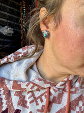 Load image into Gallery viewer, Small Sterling Silver Concho Earrings with Kingman Turquoise – Made in the USA