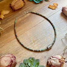 Load image into Gallery viewer, Green Turquoise Heishi &amp; Sterling Silver Barrel Bead Necklace