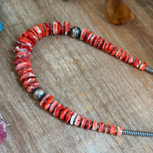 Load image into Gallery viewer, 22-Inch Graduated Orange and Red Spiny Oyster &amp; Sterling Silver Pearl Necklace