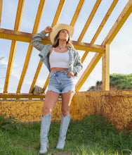 Load image into Gallery viewer, Lindsey Asymmetrical Distressed Shorts- Medium Wash