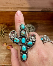 Load image into Gallery viewer, Blue Turquoise Cactus Ring with flower - Adjustable - Brass silver