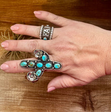 Load image into Gallery viewer, Blue Turquoise Cactus Ring with flower - Adjustable - Brass silver