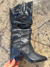 Load image into Gallery viewer, Thea Mid-Calf Faux Leather Black Slouchy Heeled Boot