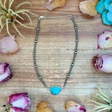 Load image into Gallery viewer, Sterling Silver Pearl &amp; Turquoise Choker – 13” + 2” Extender – In-House Silversmithing – One of a Kind