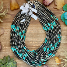 Load image into Gallery viewer, Sterling Silver Pearl Necklace with Turquoise &amp; Variscite Rondelles – 19.5”