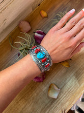 Load image into Gallery viewer, Coral &amp; Turquoise Sterling Silver Cuff Bracelet – Stamped Errick