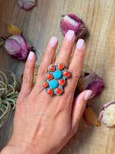 Load image into Gallery viewer, Red Coral &amp; Kingman Turquoise Sterling Silver Ring – Adjustable