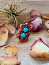 Load image into Gallery viewer, Red Coral &amp; Kingman Turquoise Sterling Silver Ring – Adjustable