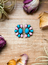 Load image into Gallery viewer, Sterling Silver Pink Conch &amp; Kingman Turquoise Half Cluster Earrings – Native Made by E. Richards (Navajo Artist)