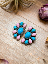 Load image into Gallery viewer, Sterling Silver Pink Conch &amp; Kingman Turquoise Half Cluster Earrings – Native Made by E. Richards (Navajo Artist)