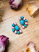 Load image into Gallery viewer, Sterling Silver Pink Conch &amp; Kingman Turquoise Half Cluster Earrings – Native Made by E. Richards (Navajo Artist)