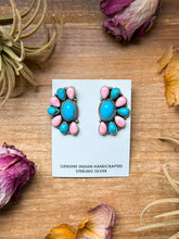 Load image into Gallery viewer, Sterling Silver Pink Conch &amp; Kingman Turquoise Half Cluster Earrings – Native Made by E. Richards (Navajo Artist)