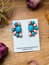 Load image into Gallery viewer, Sterling Silver Pink Conch &amp; Kingman Turquoise Half Cluster Earrings – Native Made by E. Richards (Navajo Artist)