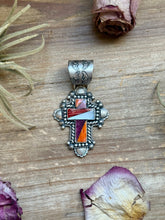 Load image into Gallery viewer, Sterling Silver Multi-Stone Inlay Cross Pendant – Mother of Pearl &amp; Spiny Oyster – Handmade by Artist Shay Pfeiffer