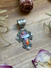 Load image into Gallery viewer, Sterling Silver Multi-Stone Inlay Cross Pendant – Mother of Pearl &amp; Spiny Oyster – Handmade by Artist Shay Pfeiffer