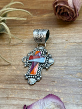 Load image into Gallery viewer, Sterling Silver Multi-Stone Inlay Cross Pendant – Mother of Pearl &amp; Spiny Oyster – Handmade by Artist Shay Pfeiffer